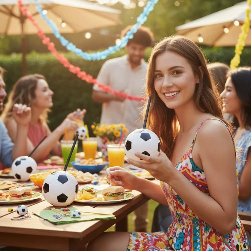 Kreativer Fußballförmiger Wasserbecher 450/600ML Auslaufsicher mit Strohhalm und Deckel für Kinder Picknick Reisen Outdoor-Aktivitäten