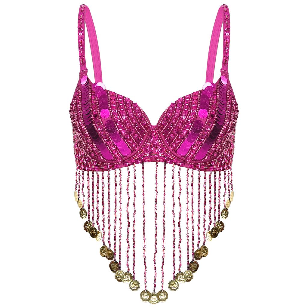Womens Belly Dance Bra Adjustable Straps Design Shiny Sequins Plastic Beaded Tassels Underwired Costume