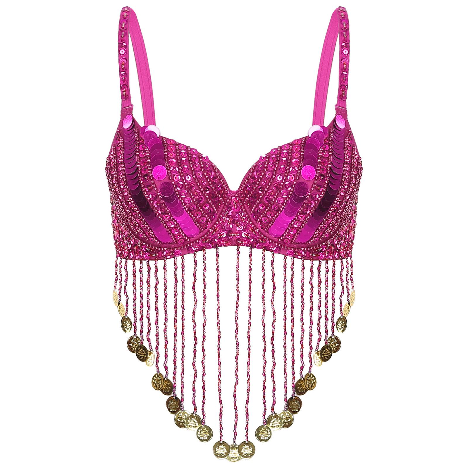 

Жіночий бюстгальтер для танцю живота з регульованими бретелями, блискучими паєтками, пластиковими намистинами та китицями, на кісточках, костюм One Size гарячі рожевого кольору