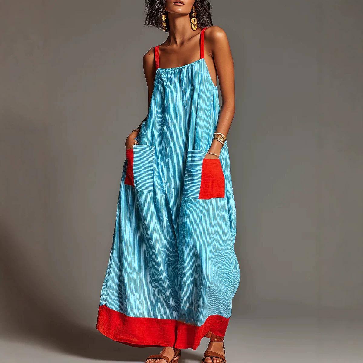 European and American striped suspender dress, summer new product elegant travel vacation women s clothing long S