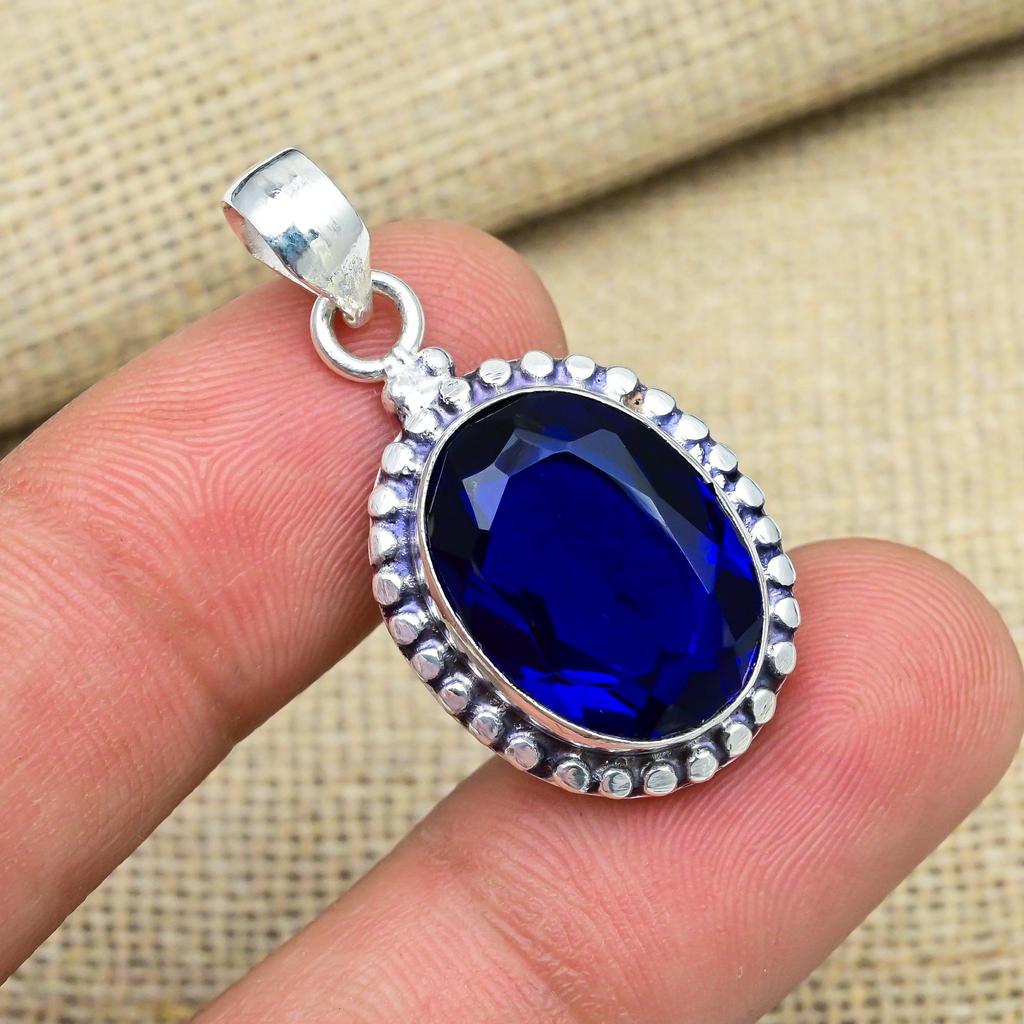 Safir Albastru Piatră Prețioasă Creată în Laborator Bijuterii din Argint Sterling 925 Pandantiv Făcut Manual Pentru Ziua Recunoștinței