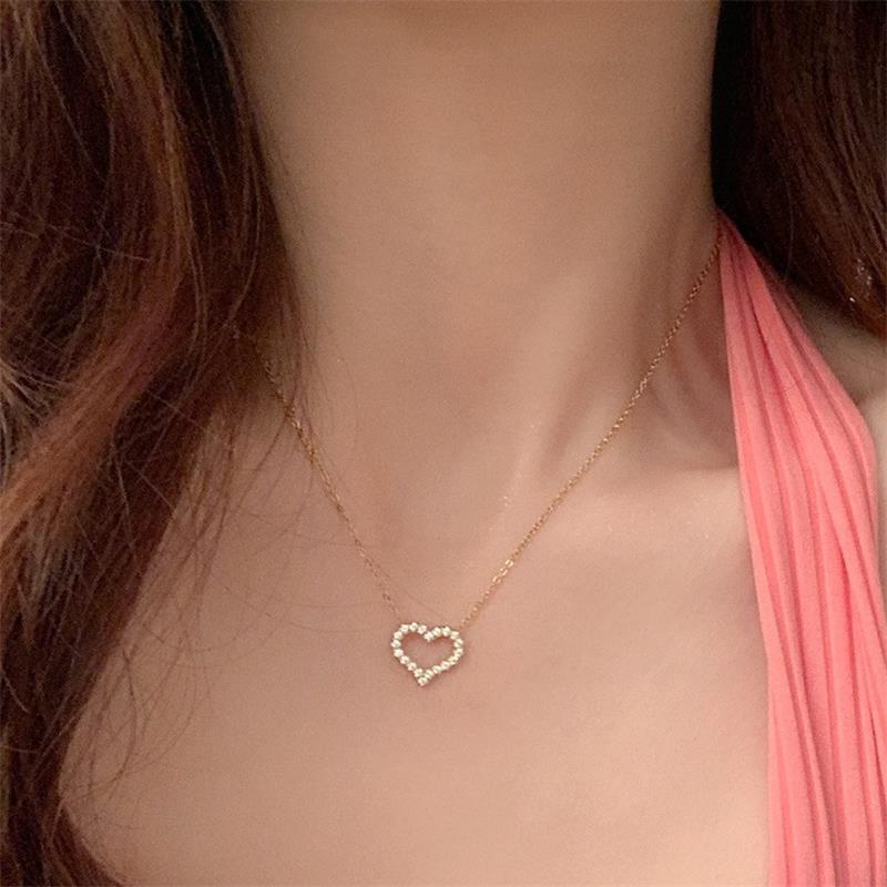 European S925 Sterling Silver Heart Pendant Necklace with Diamond Inlay