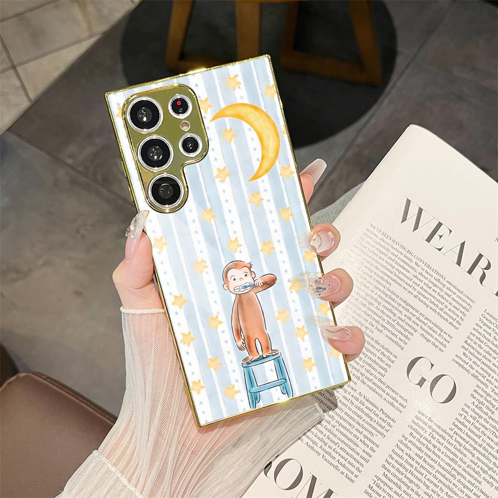 Y2K Curious George Phone Case For Samsung Galaxy S25 S24 S23 Ultra Metal Frame Case Slim Shockproof Cover Durable