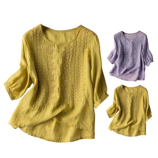 Dámská košile s kulatým výstřihem Poloviční rukáv výšivka Květinový vzor Topy Jednobarevné Tenká retro halenka Denní nošení