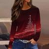Women's Fashion Casual Slit Hem Round Neck Long Sleeve Loose Christmas Printed T-Shirt Ladies Top