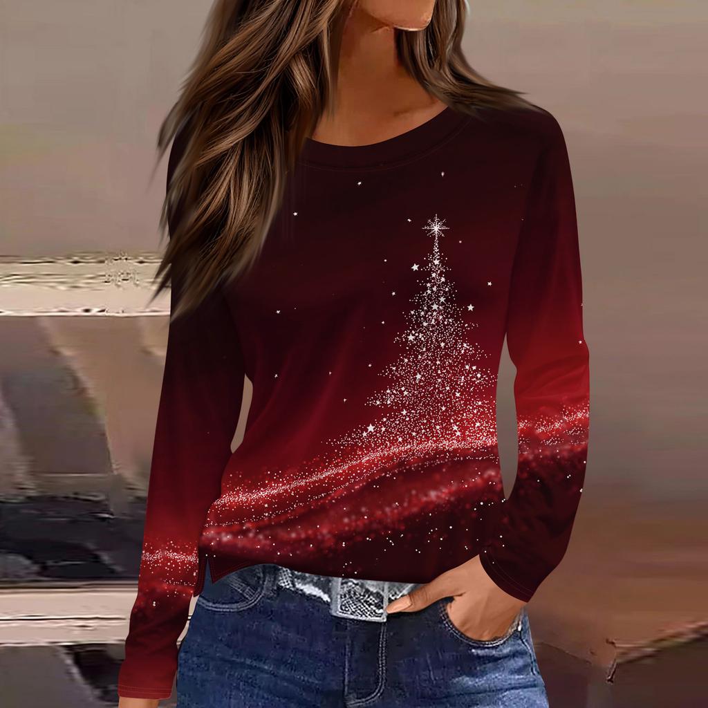 Women's Fashion Casual Slit Hem Round Neck Long Sleeve Loose Christmas Printed T-Shirt Ladies Top