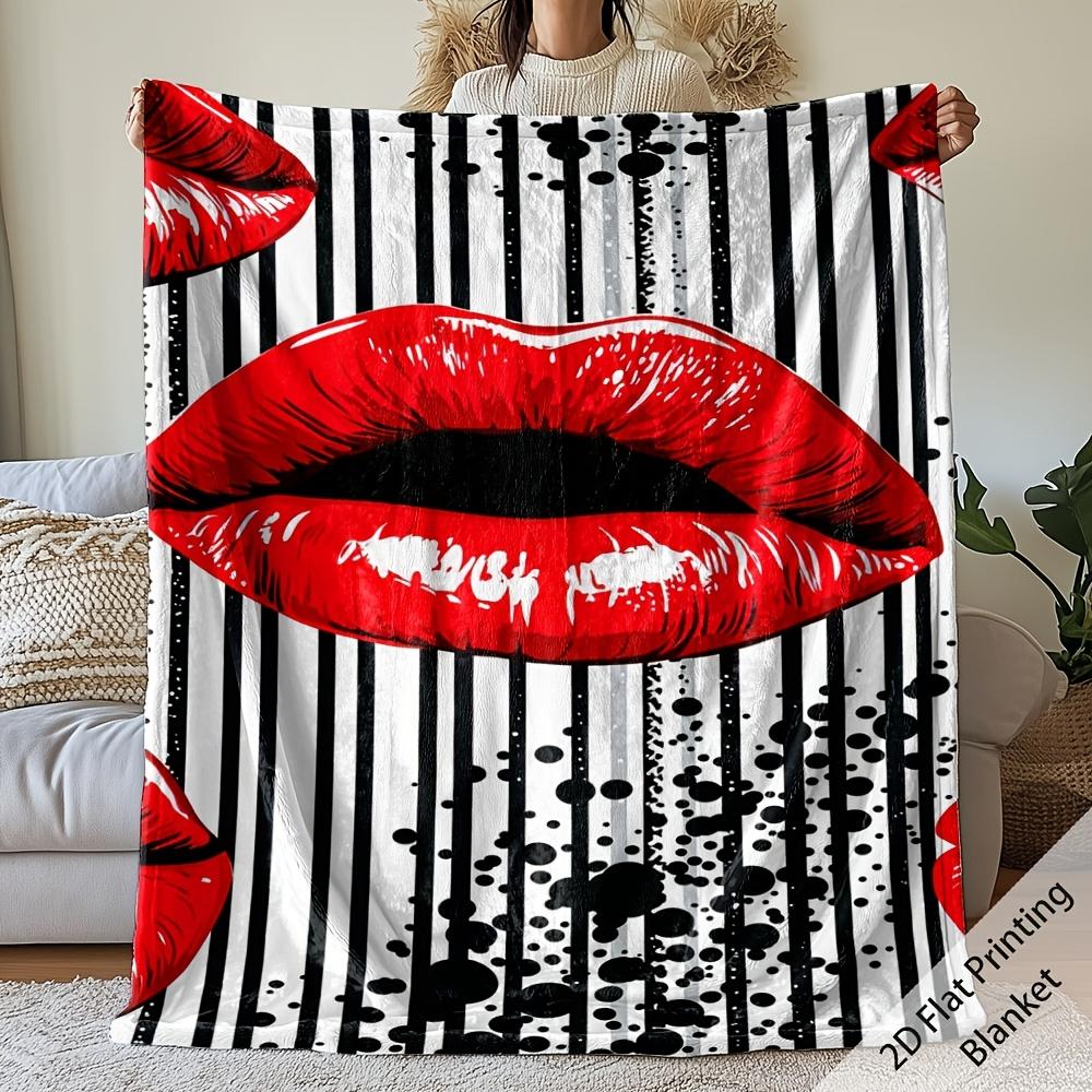 Fashion Pop Art Red Lips Flannel Blanket Black?White Stripes Ink Splash Pattern Cozy Warm Throw for Bedroom Couch Home Aesthetic