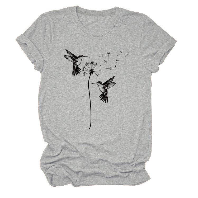 Sommer Rundhals Zwei Vogelmuster Druck Top Modische Lässige Kurzarm Damen T-Shirts
