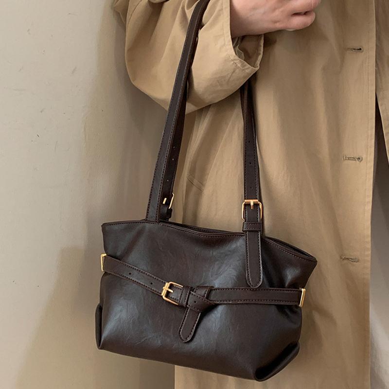 Yogodlns or Daily Commute Shopping Minimalist Vintage Glossy Tote Bag Belt Detail Large Capacity Zipper PU Water Resistant Shoulder Bag