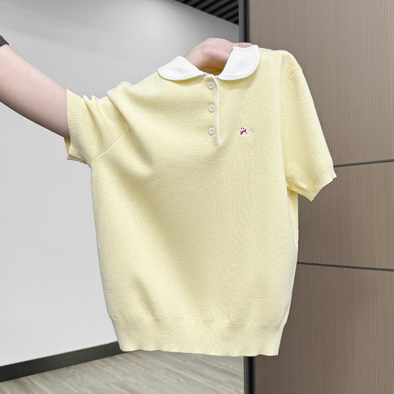 WTEMPO Women Cute Embroidery Knit Polo T-Shirt Solid Color Soft Lightweight Casual Sweet Ladies Summer Knit Top