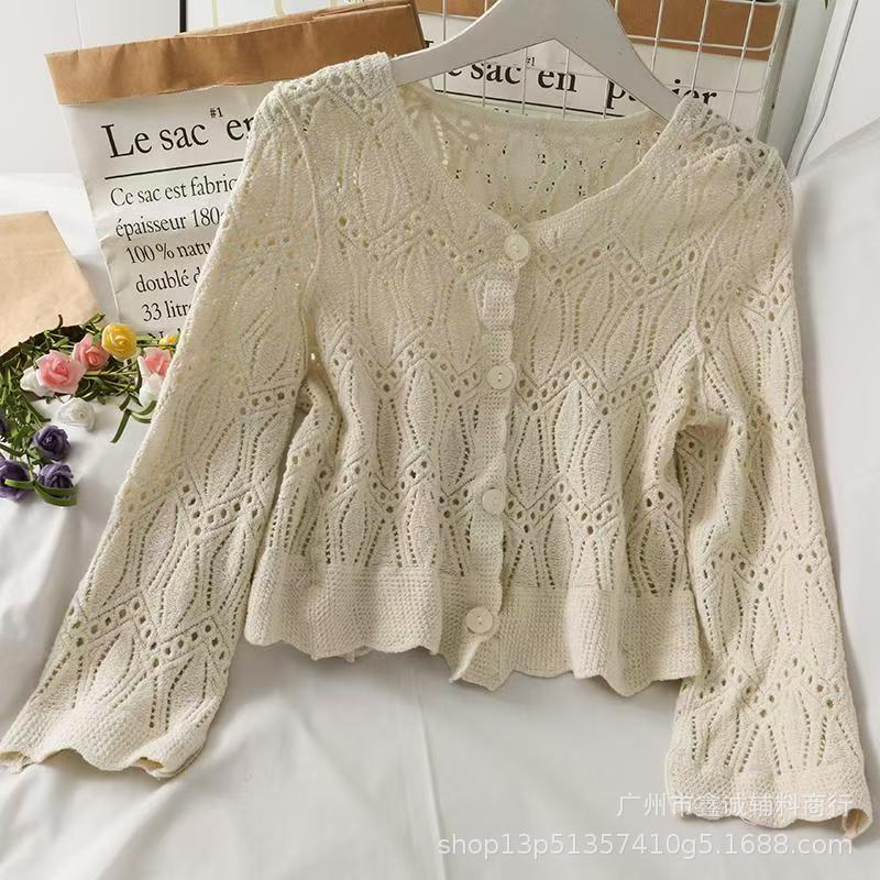 Cardigan tricoté à lacets ajourés motif fleur pour femme, nouveau haut court style bohème pour l'été, châle long à manches longues