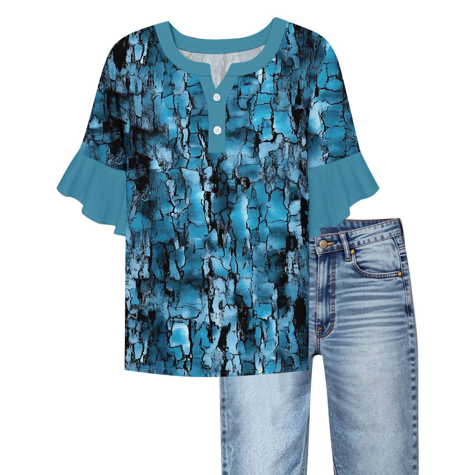 

Women s Casual Fashion V-neck Ruffled Sleeves Loose Versatile Color Short Sleeves S Темно-синій