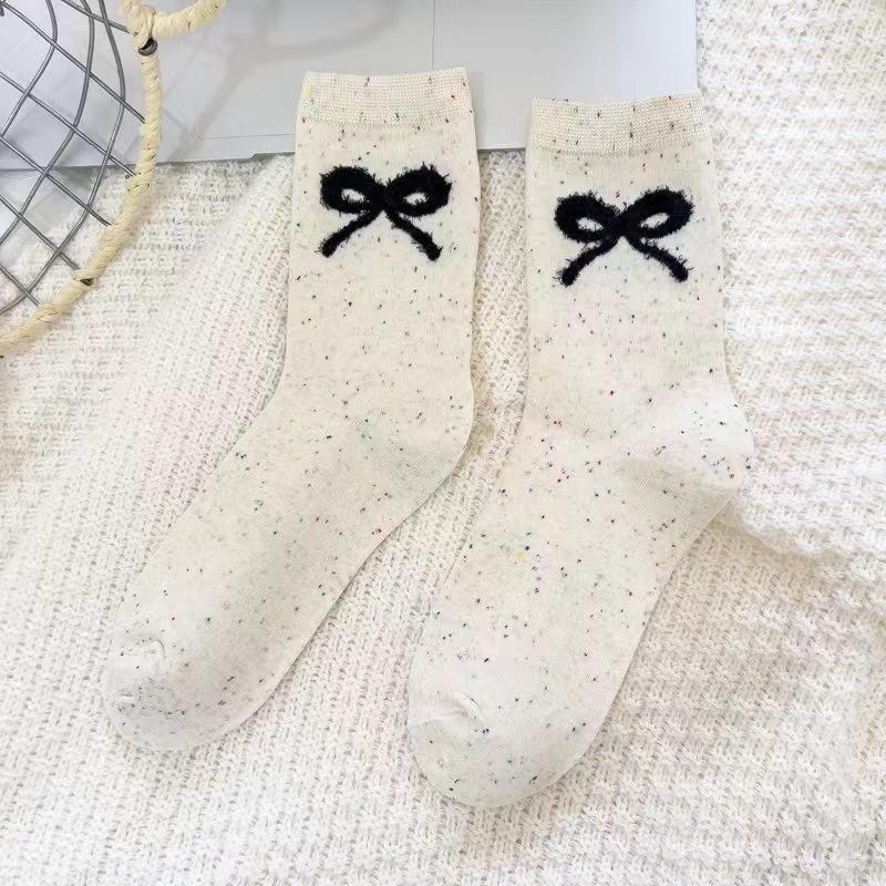 Female Autumn and Winter Point Yarn Bowknot Stripe Lovely All Build In Tube Cotton Socks