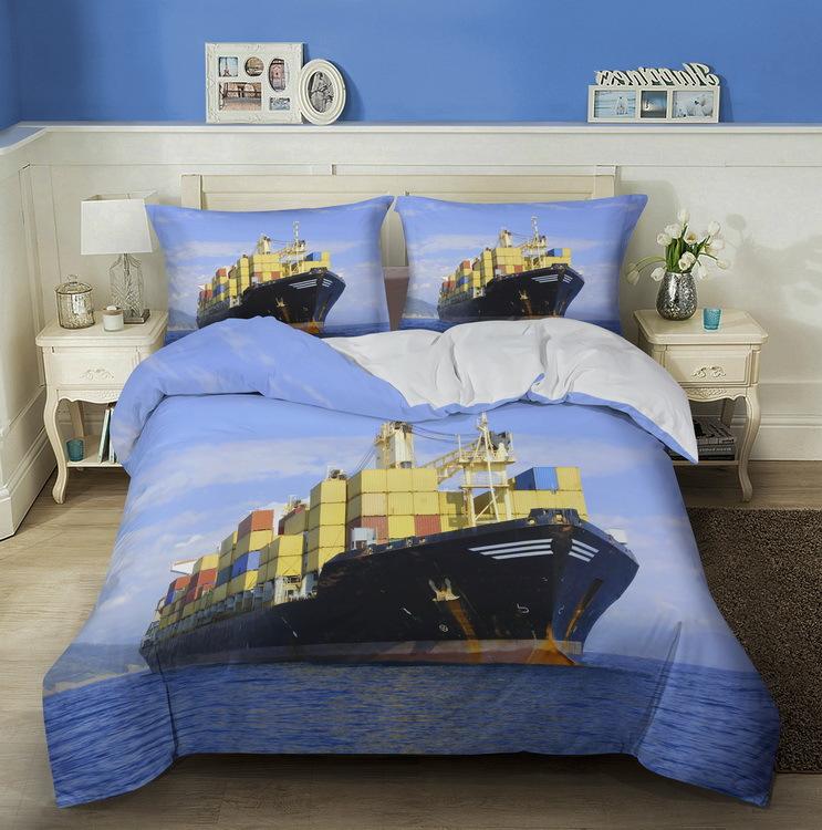 3D Ship Duvet Cover Set King Queen Size Large Freighter Container Print Bedding Set Blue Sea 2/3pcs Polyester Comforter Cover