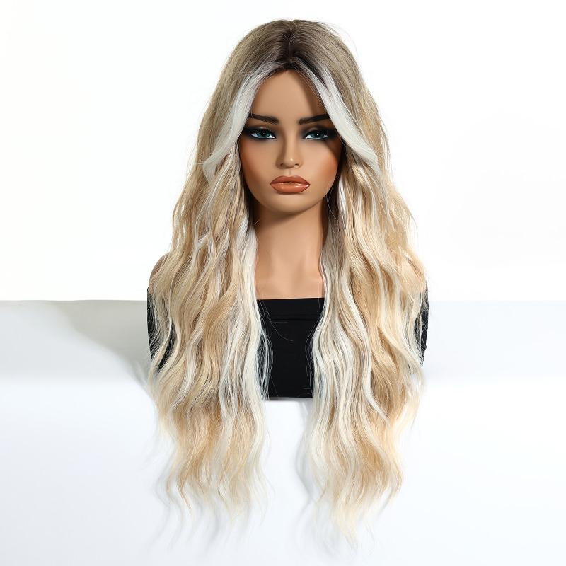 Hot-selling gradual change blond wig long curly hair chemical fiber hair high temperature silk female full headgear wigs factory spot