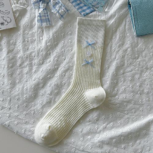 Ballet Style Solid Color Bow Mid Tube Socks Summer Cotton Lightweight Breathable Fashionable Soft Comfortable Casual Women Socks