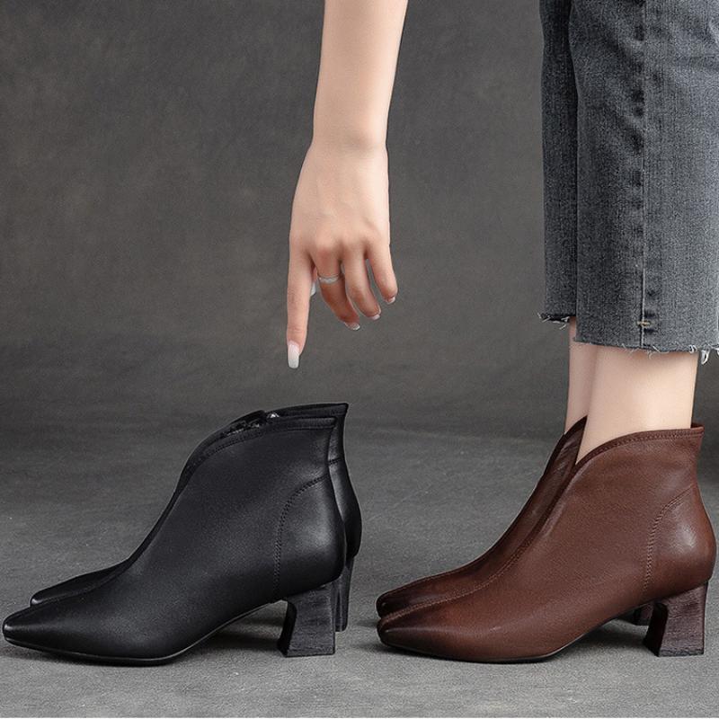 Johnature High Heel Spitzschuh Damen Stiefel Vintage Echtes Leder Vielseitiges Temperament Damenschuhe