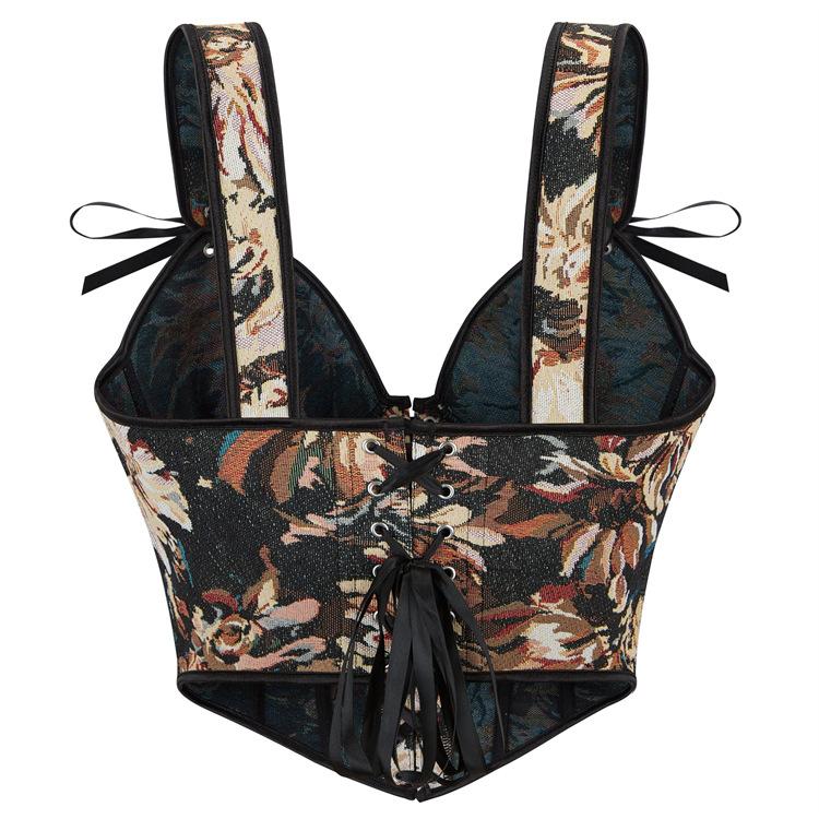 Sexy Corsé Francés Overbust para Mujer con Encaje Floral y Cordones, Ajuste Ceñido Moldeador Corporal, Bustier con Escote en V