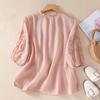Women's Vintage Boho Cotton-Linen Embroidered Three-Quarter Sleeve Shirt Mom's Summer Solid-Color Top