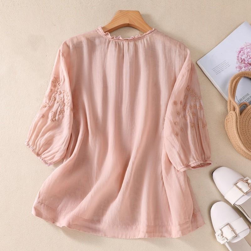 Women's Vintage Boho Cotton-Linen Embroidered Three-Quarter Sleeve Shirt Mom's Summer Solid-Color Top