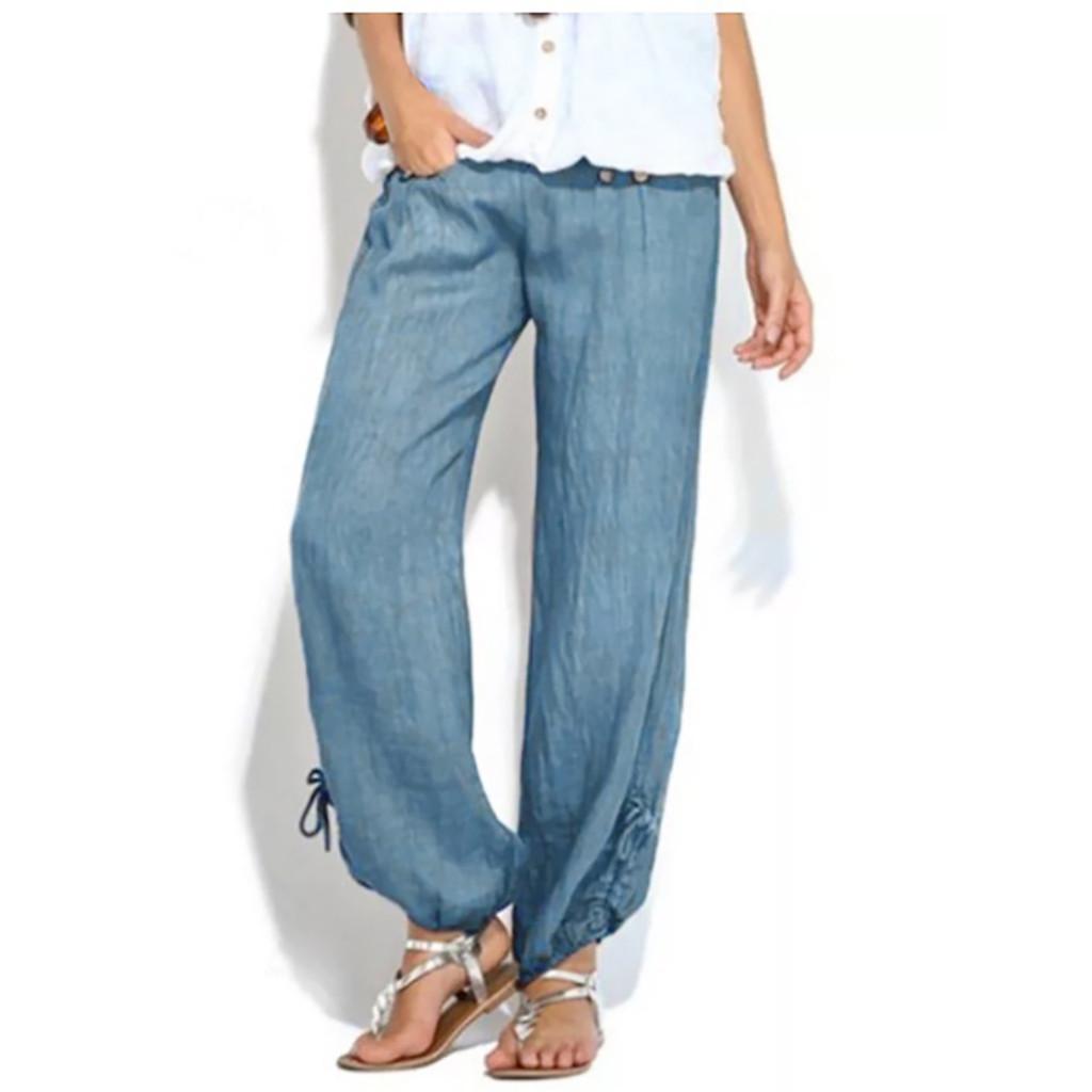 Fashion Women Solid Buttons Cotton And Linen Casual Loose Trouser Wide Leg Pants