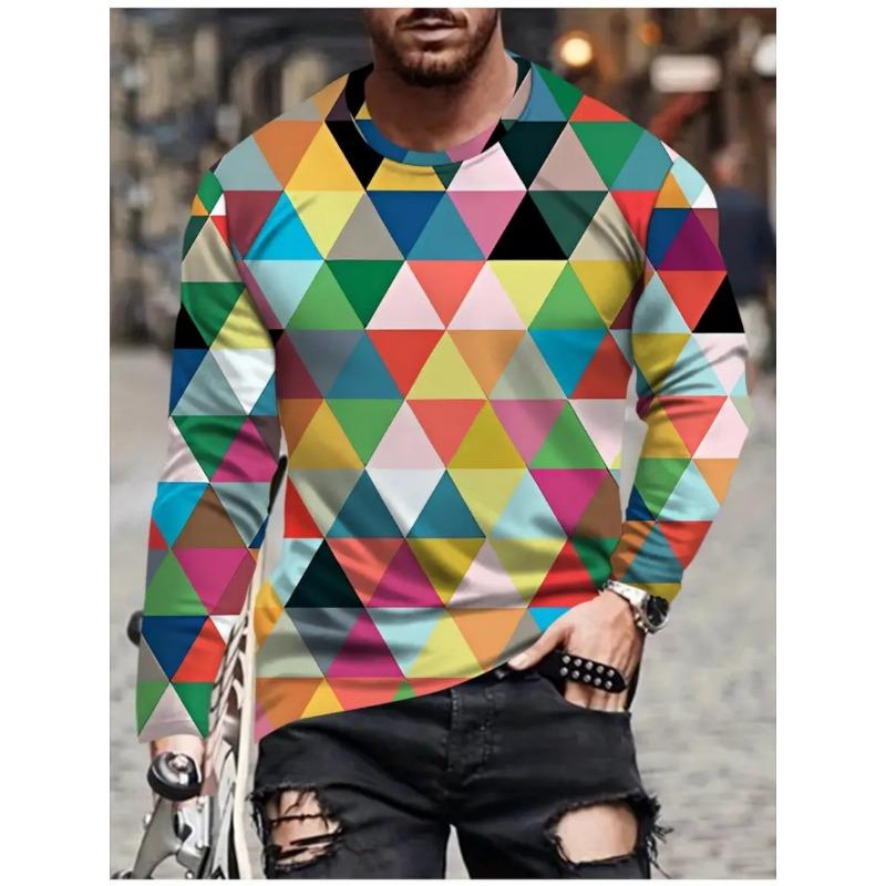 T Shirts for Man Geometric Block 3D Print Autumn Long Sleeve T-Shirt Pullover Casual Male Tops Street Lightweight Men's Clothes