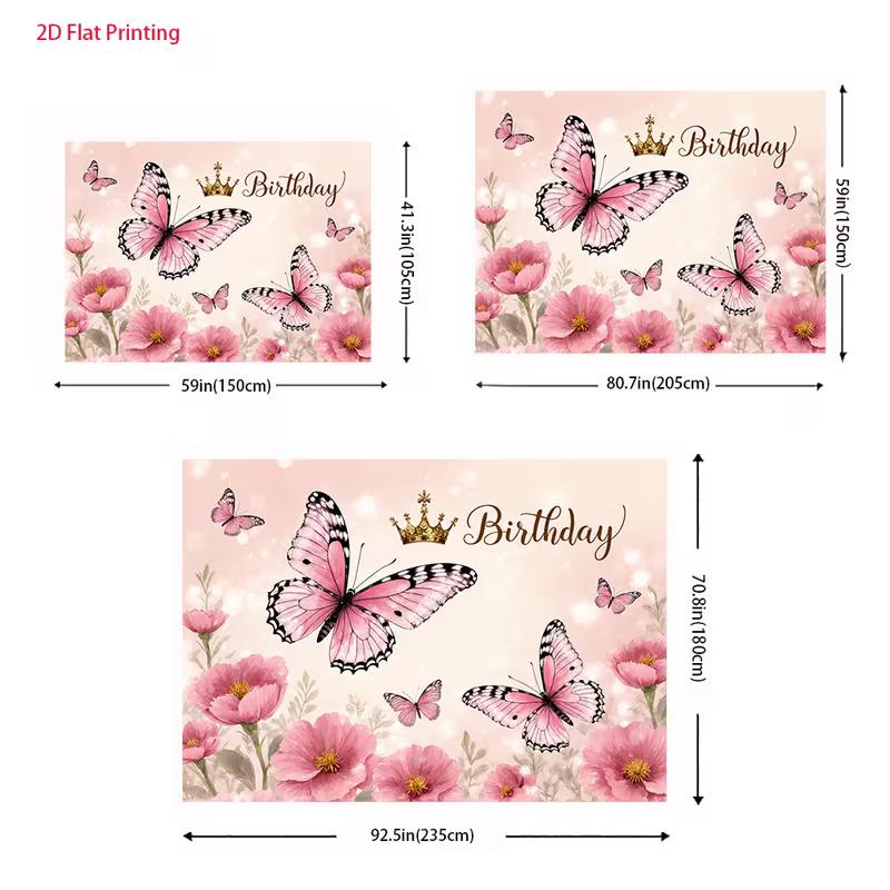 2D Princess Birthday Backdrop Pink Butterflies & Golden Crown Party Background Cloth