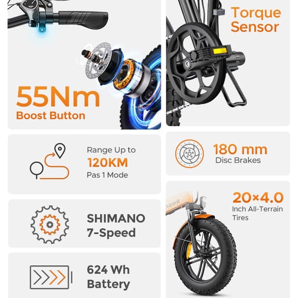 Rower Elektryczny ENGWE EP-2 BOOST - Silnik 250W, Zasięg 120km, E-rower z Grubymi Oponami 20" z Shimano 7-biegowym