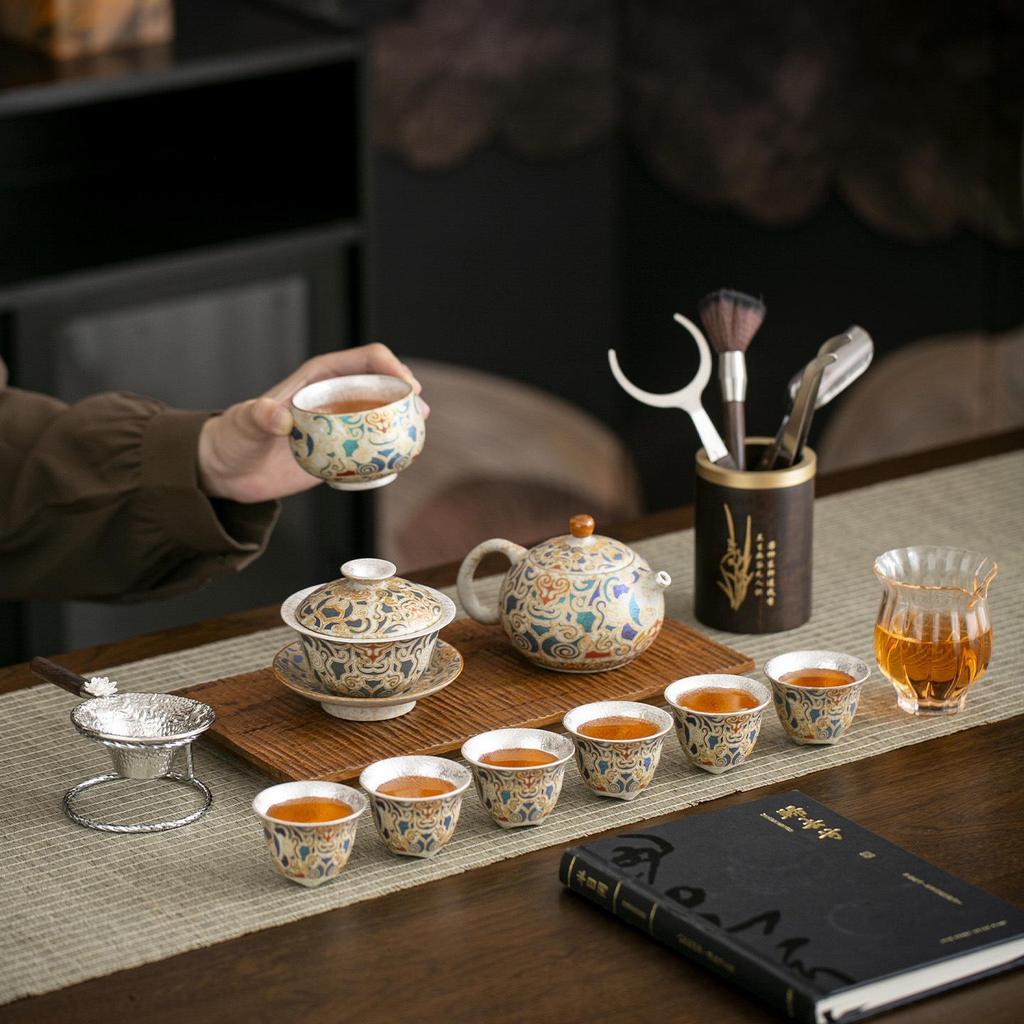 Dunhuang Silver-Inlaid High-End Retro Kung Fu Tea Set: Light Luxury Chinese-Style Tea Brewing and Drinking Gift Box