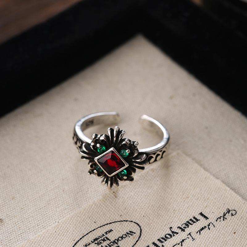 Adjustable Open Sophisticated Copper Ring With Red Zircon For Women Vintage Punk Inspired Fashion