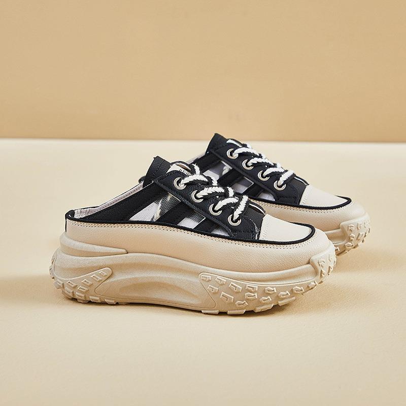 Fashion Woman Pu Leather Casual Half Slippers Platform Shoes Summer Trend Women Lace-up Designer Sandals Ladies Slides Sneakers De Mujer