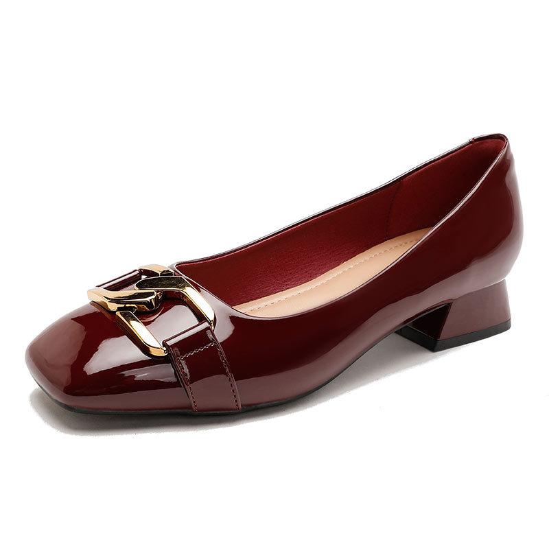 Thick-heeled single shoes women's spring 2025 new French retro low-heeled women's shoes patent leather burgundy square head high heels