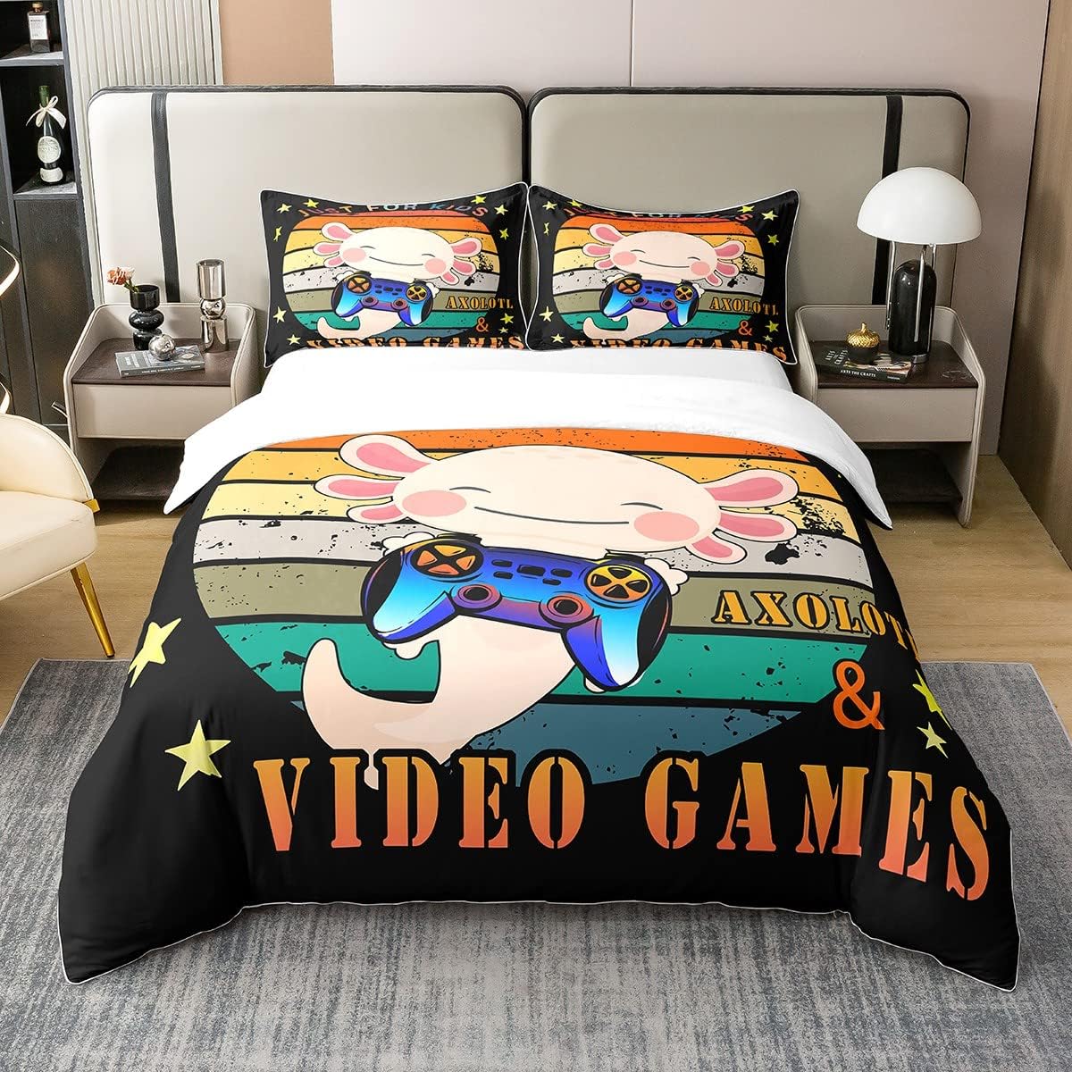 Gamer Bedding Set Axolotl Duvet Cover Twin Queen,Rainbow Comforter Cover For Boys Girls Teens, Cute Wildlife Animal Quilt Cover