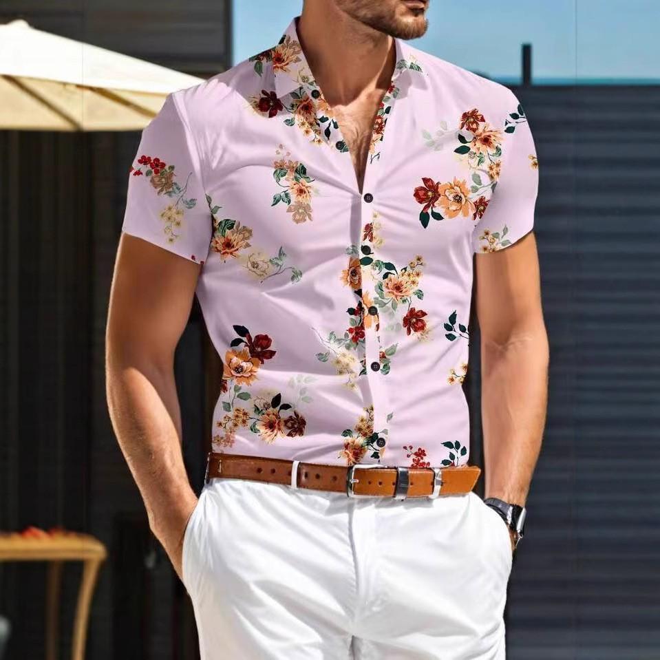 Camicia da uomo casual a maniche corte con stampa floreale tropicale hawaiana