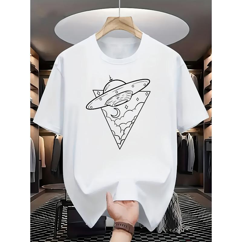 

European Size White Short-Sleeve T-Shirt with Geometric Triangle Pattern Featuring UFOs, Clouds, Moon, and More S белый