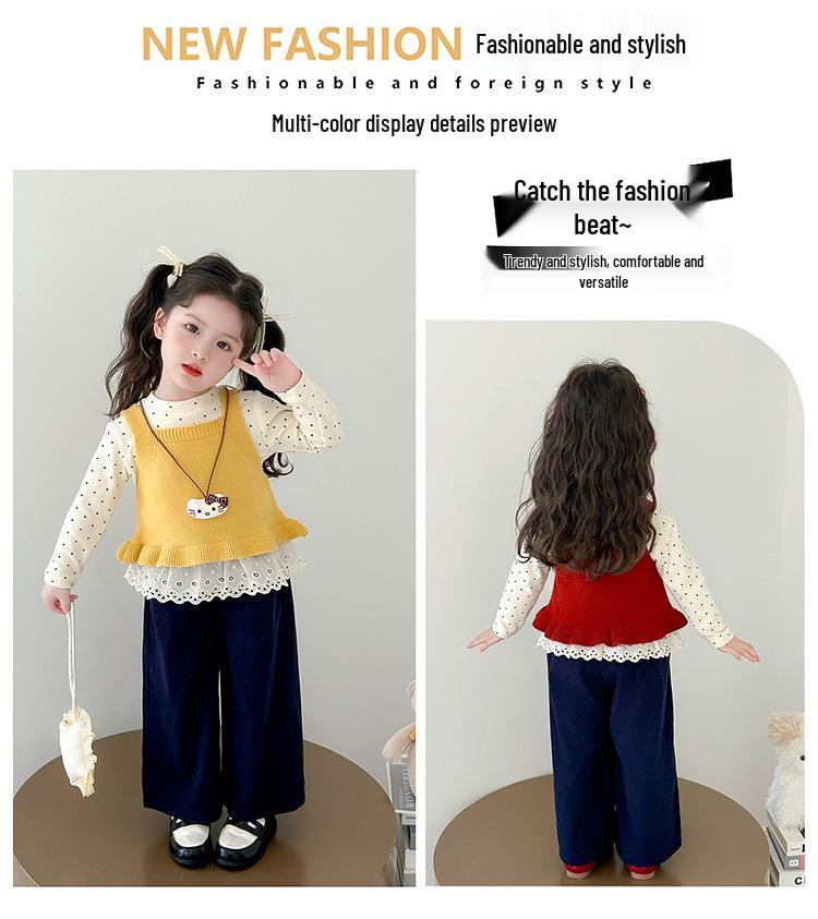 Girls' Fashionable Three-Piece Set: Knitted Vest, Polka Dot Shirt & Wide-Leg Pants for Spring/Autumn