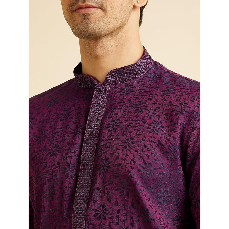 Manyavar Men s Viscose Blend Jacquard Embroidered Kurta Pyjama Set (Purple,XL) XL фиолетовый