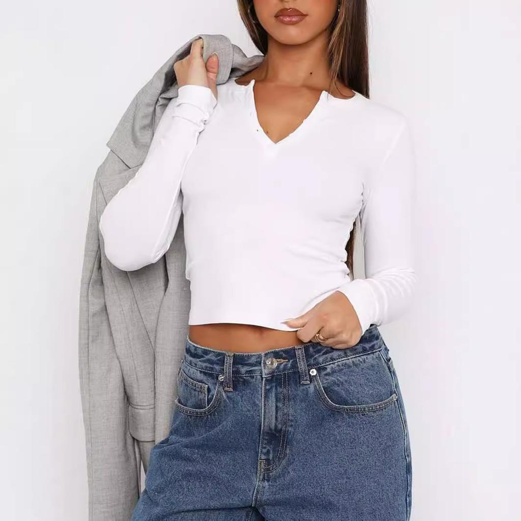 Jarní a podzimní dámský Y2K slim módní žebrovaný top s knoflíky a dlouhým rukávem