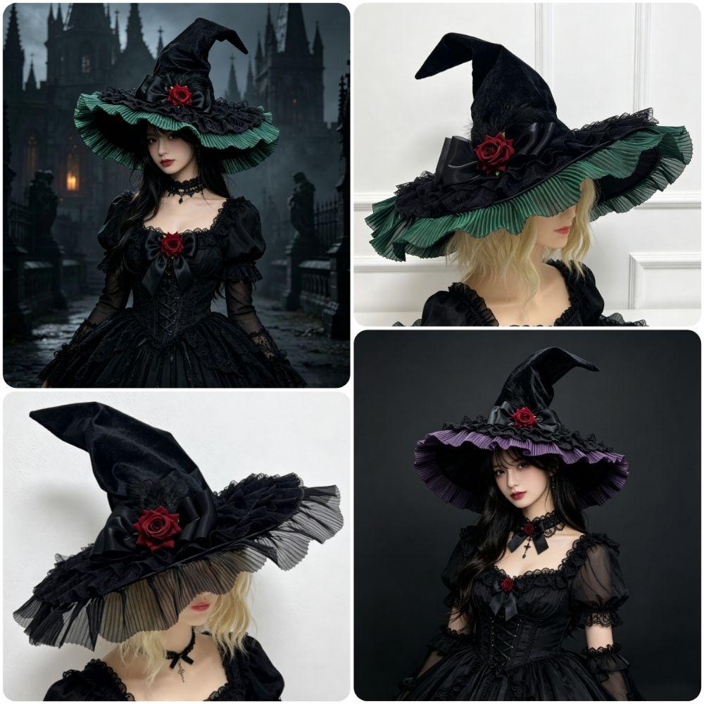 Rose Bowknot Halloween Witch Hat Wide Brim Wide Brim Hat Creative Witch Cosplay Hat  Unisex