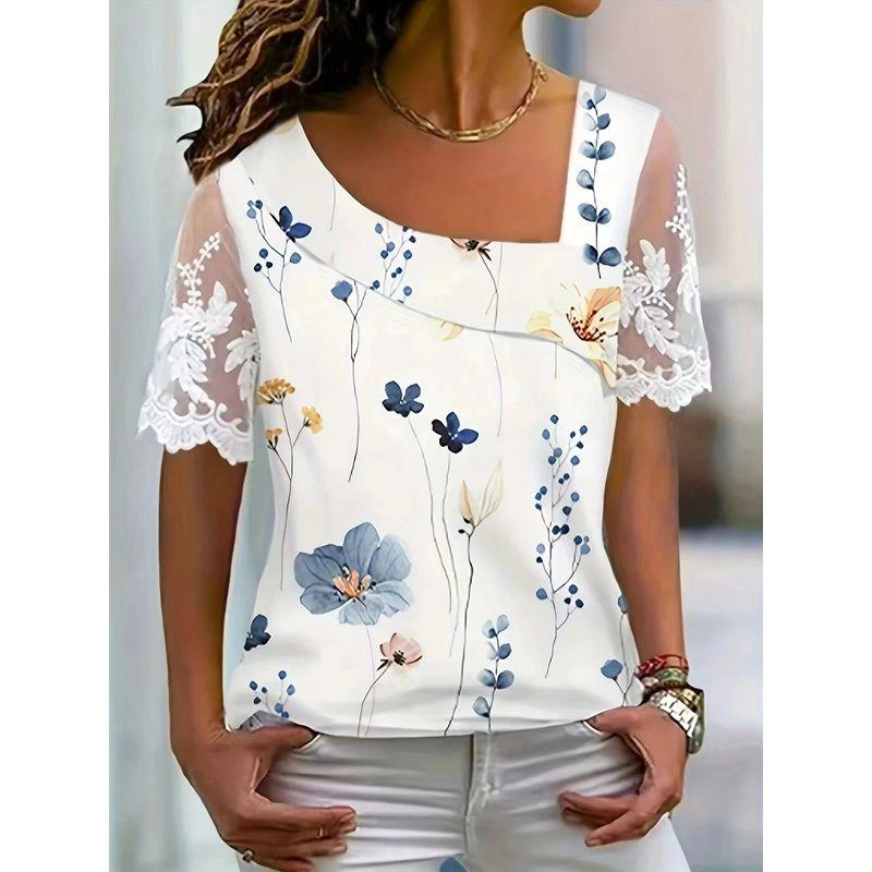 

Women s Printed Lace Short Sleeve Shirt Print Lace Short sleeve Shirts Apricot flowers XXL