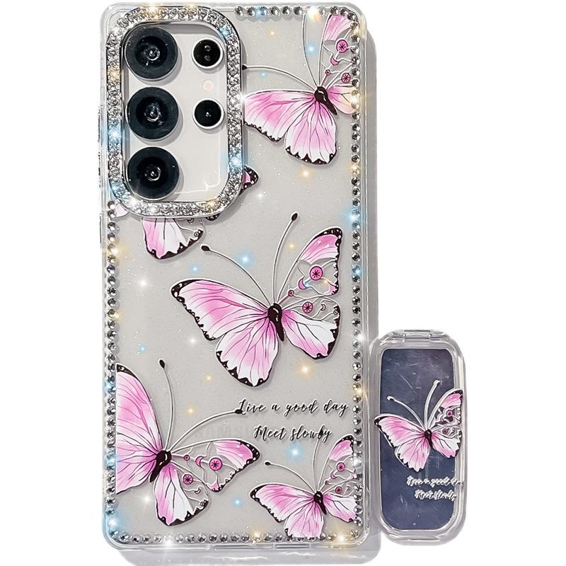 Butterfly Diamond Imd Hard Shell Suitable for Samsung S25 UltraS24FE Mirror Bracket Mobile Phone Case A56A17 Japanese and Korean