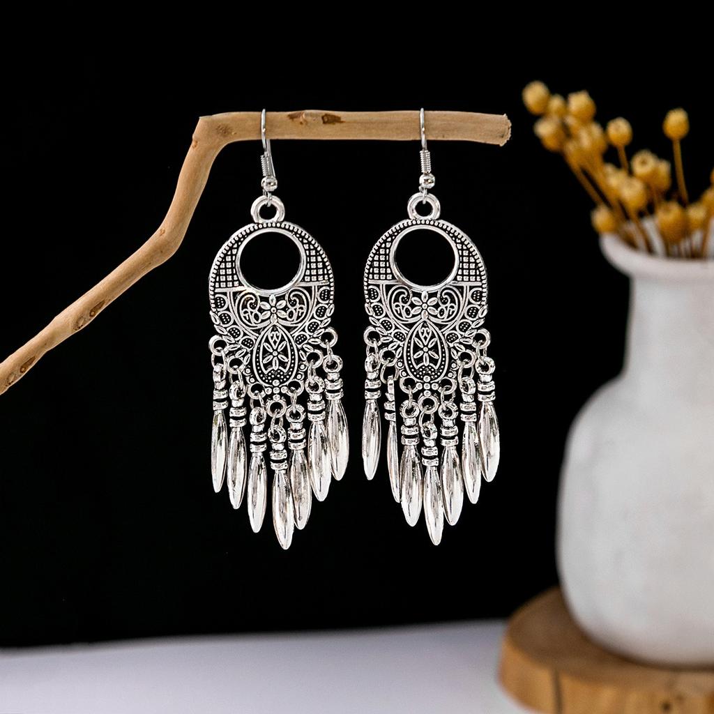 Vintage Miao Silver Minority Wind Earrings Personalized Bohemian Style Flower Long Fringed Earrings