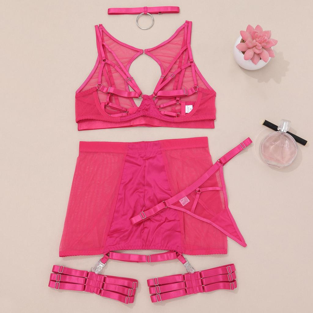 Sexy Lingerie Sets 5Pcs Mesh Hollow Out Transparent Bra Garters Briefs Bandage Sex Outfits Erotic Underwear