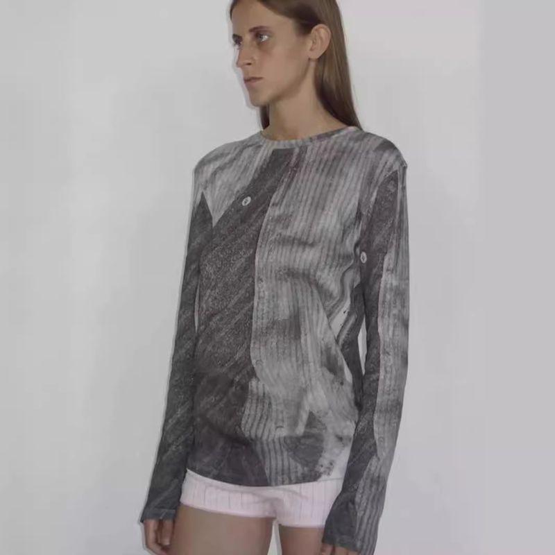 Paloma Wool Spain Retro Print Thin and All-Matching Fashion Silm Knitting Long Sleeves T-shirt Tops Female Autumn