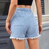 GMXIA Elastic Waist Drawstring Casual High Waist Raw Edge Denim Shorts for Women