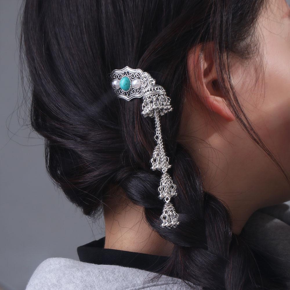 Vintage Turquoise Tassel Bell Hair Clip Elegant Chinese Style Hair Accessories Party