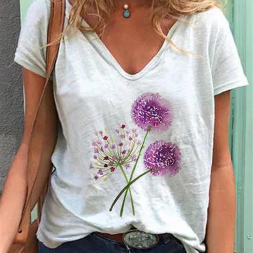 

Fashion Spring Dandelion Print Blouses Short Sleeved V-Neck T Shirts Casual 3XL белый