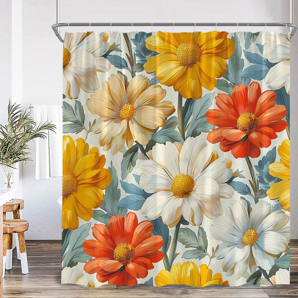 Vintage Floral Shower Curtain Colorful Flower Blossom Plant Green Leaf Dark Bathroom Decoration Polyester Bath Curtain with Hook