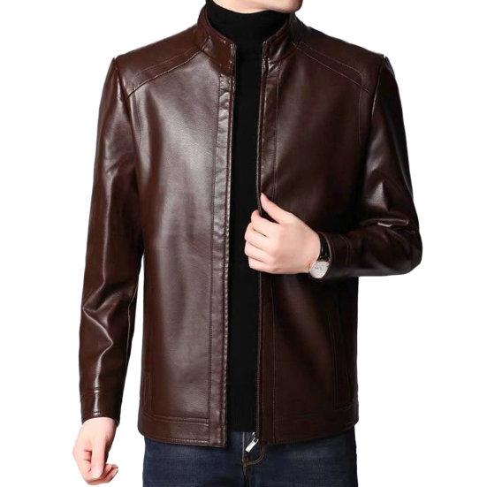 Men Jacket Faux Leather Solid Color Stand Collar Smooth Thick Warm Long Sleeve Zipper Neck Protection Motorcycle Windproof Cool Autumn Winter Jacket