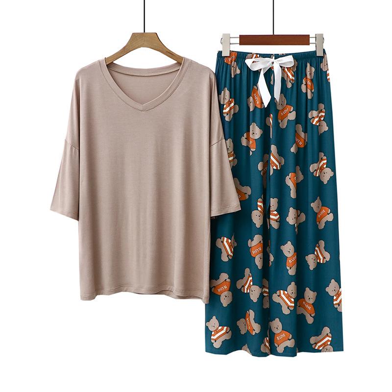 Sommer Damen Pyjama Sets Modal Kurzarm T-Shirts und Weitbein Hosen Heiß Lässig Homewear 2-teiliges Anzug Damen Nachtwäsche